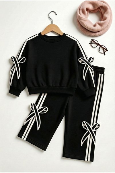 Girls' Black Side-Striped, Bow Detail Two-Piece Tracksuit Set (3-12 Years)