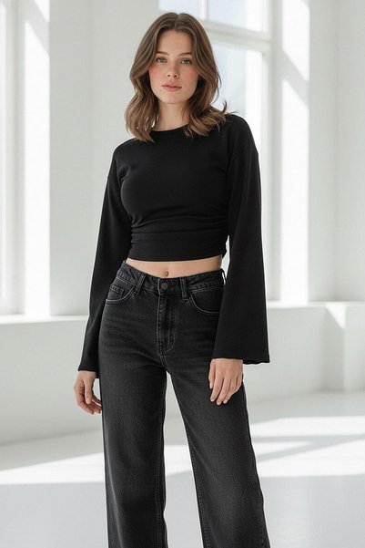 Black Crew Neck Side Gathered Wide Sleeve Women's Blouse Mg2628
