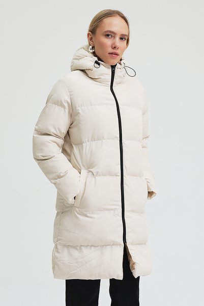 Women's Beige Hooded Full-Zip Pocketed Mid-Length Puffer Jacket