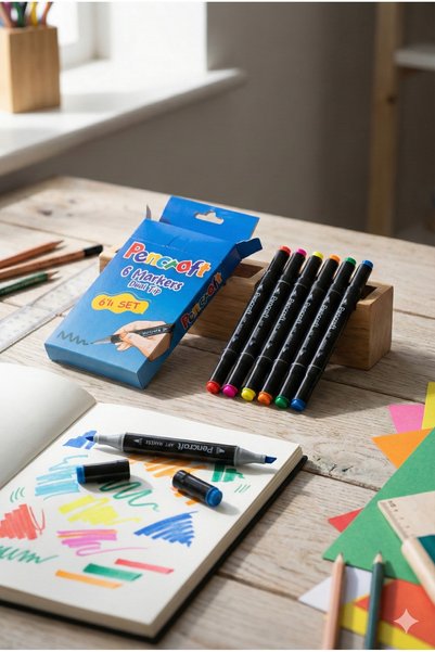 6-Color Dual Tip Thick/Fine Tip Felt Tip Marker Set - Professional Drawing and Painting