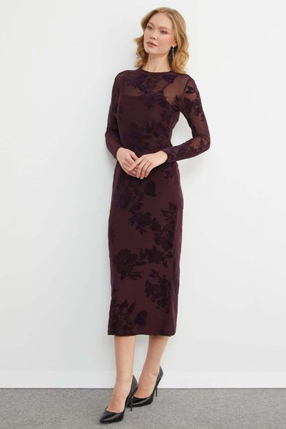 Suede Detailed Lined Maxi Length Transparent Dress