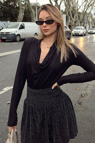 Black Draped Degaje Collar Long Sleeve Women's Blouse