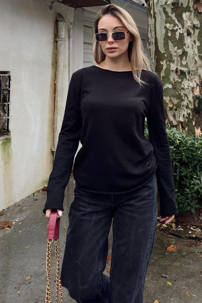 Black Boat Neck Basic Women's Korsman Knitwear Blouse