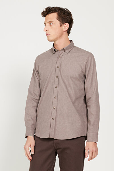 Беж фланелска Oxford зимска кошула со slim fit крој и јака на копчиња