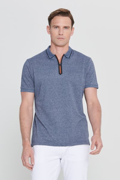 Lacı Melanj Slim Fit Slim Fit Zippered Polo Neck Cotton Short Sleeve T-Shirt