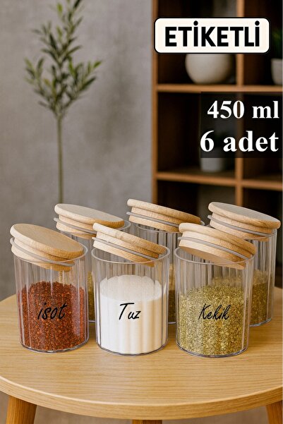 Elina сет од 6 акрилни садови за зачини од 450 ml со вакуумски капак од дрво, вклучени етикети како подарок