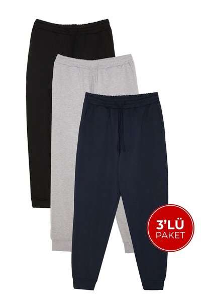 Men's 3-Piece Navy Blue-Grey-Black Regular Fit Lace-Up Waist Jogger Pants with Pockets and Elastic Cuffs