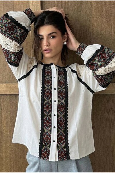 Women's White Lace Detailed Balloon Sleeve Embroidered Cotton Shirt