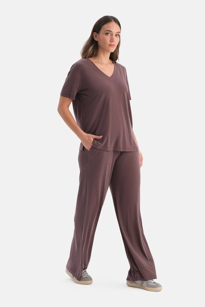 Brown Pocketed Basic Modal Trousers