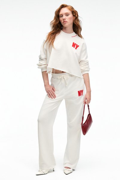 Avenza Women's Embroidery Detailed Regular Wide Leg Ecru Sweatpants with Side Pockets