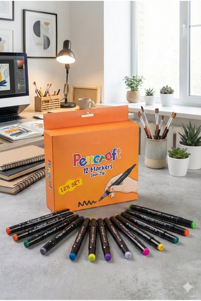 12 Color Dual Tip Thick/Fine Tip Felt Tip Marker Set - Professional Drawing and Painting
