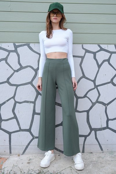 Women's Khaki High Waist Elastic Waist Striped Palazzo Pants Vs01226