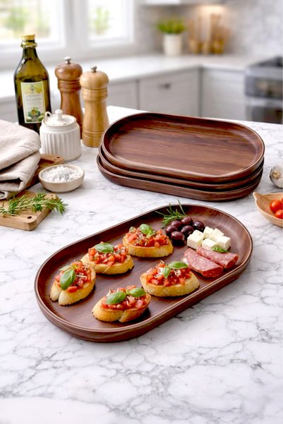 Wood-Look Oval Stylish Serving Canoe Plate-Breakfast And Decorative Serving Plate 24 CM