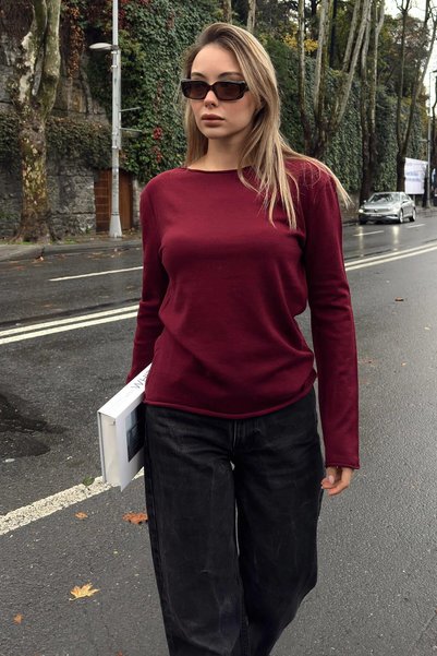 Burgundy Boat Neck Basic Women's Korsman Knitwear Blouse