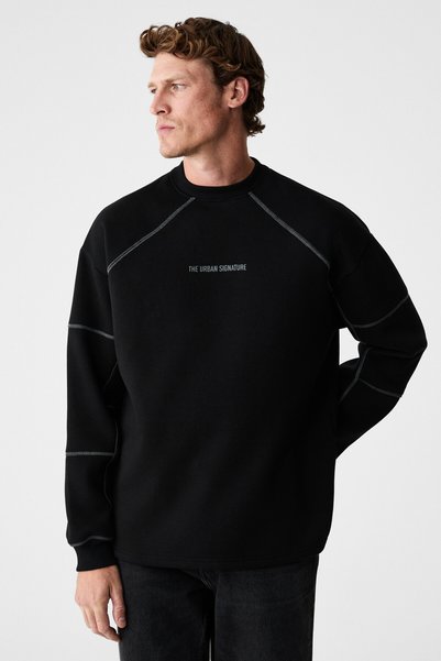 Hal Men's Round Neck Printed Regular Fit Black Sweatshirt with Ornamental Stitching Detail on the Front and Sleeves