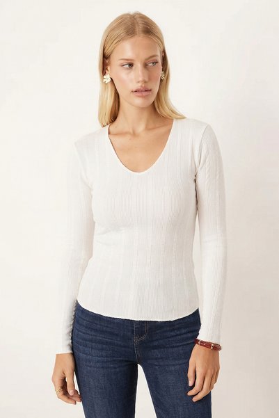 Women's White V-Neck Fitted Long Sleeve Blouse Arm-26K001058