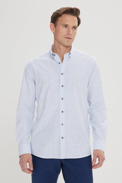 Blue Slim Fit Slim Fit Buttoned Collar Linen Look 100% Cotton Flared Summer Shirt