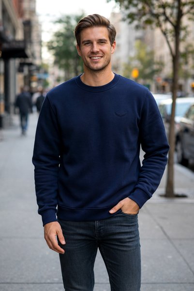 Men's İçi Ş Fleece-Lined Crew Neck Cotton Sweatshirt 0319 Navy Blue