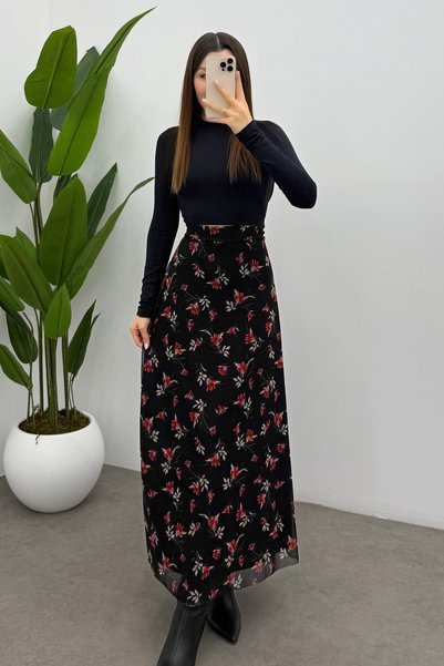 Women's Red Leaf Printed Tulle Skirt with Back Elastic Detail and Zipper