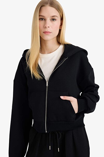Standard Fit Hooded Basic Plain Kangaroo Pocket Zippered Sweatshirt Z7069AZ24WN