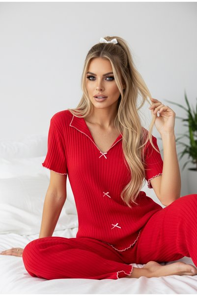 Red Seasonal Thin Bow Pajama Suit7879