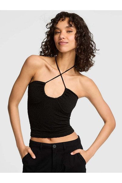 Floral Pattern Jacquard Low-Cut Neck Halter Top