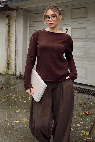 Brown Boat Neck Basic Women's Korsman Knitwear Blouse