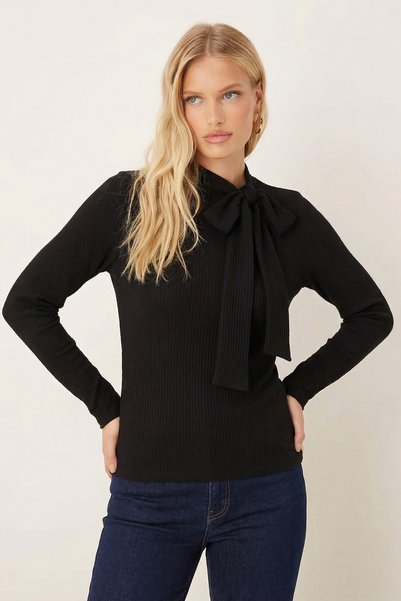 Women's Black Tie-Up Side Gathered Shoulder Blouse Arm-26K001068