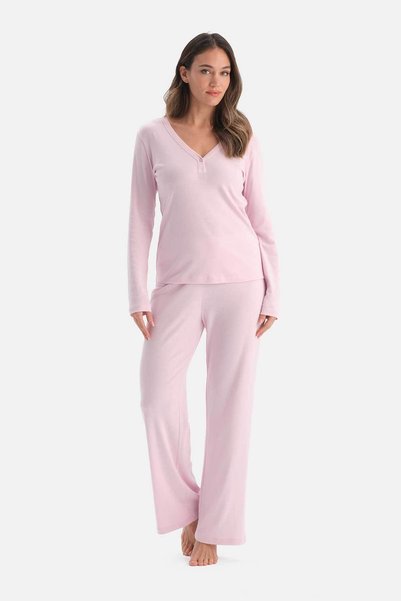 Light Pink Long Sleeve Cotton Modal Ribbed Knit T-Shirt Trousers Set