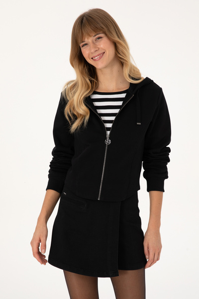 Women's Black Zippered Hooded Sweatshirt 50314177-Vr046