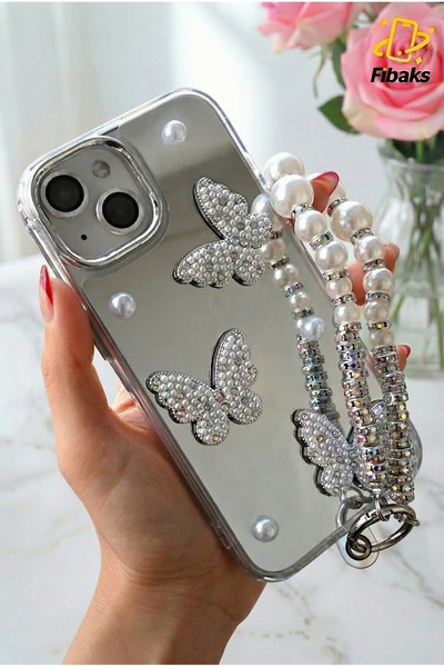 iPhone 13/14/15 Case with Mirror Charm Butterfly Strap and Pearl Design 3D Pattern Silicone Cover
