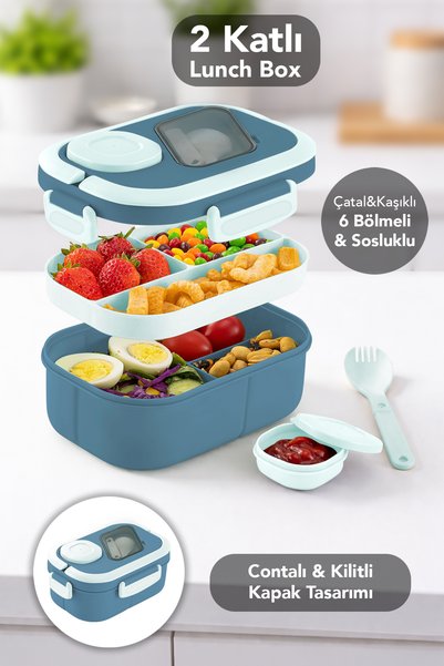 Bondie Locking Lid Food Container - 2 Tier Compartment Lunch Box with Spoon and Sauce Cup Nutrition Box Blue