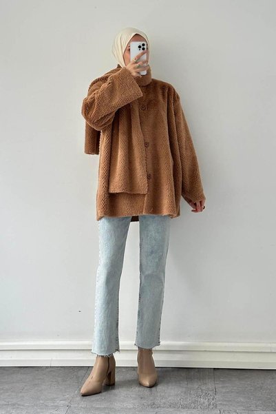 Plush Scarf Coat Milk Coffee