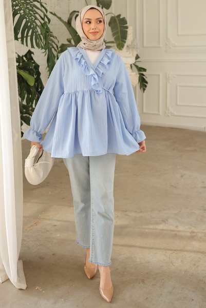 Baby Blue Collar Ruffled Side Tie Sleeve Elastic Tunic