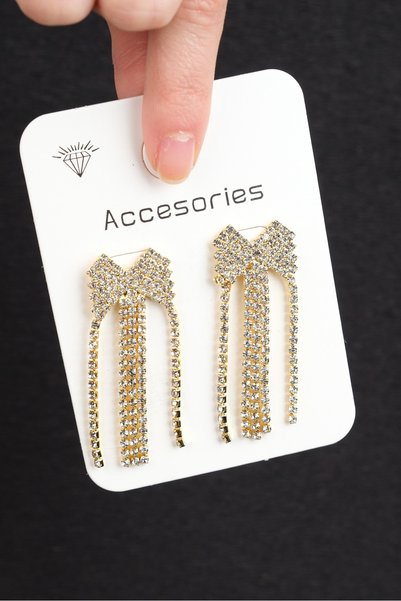 Yellow Plated Bow Design Dangle Stone Women's Earrings