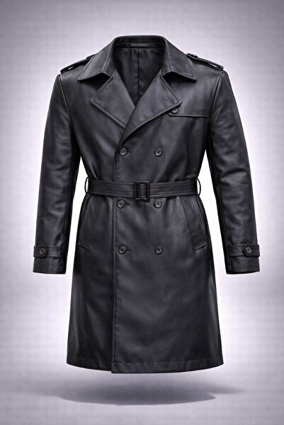 Водоотпорен кожен мантил со каиш, дворедно закопчување, Slim Fit