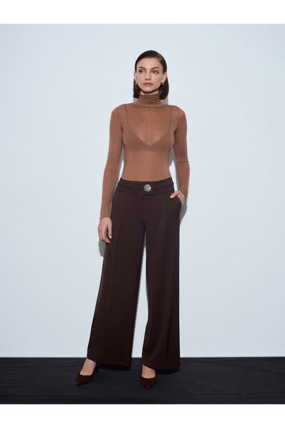 72244 Gold Button Wide Leg Trousers-Brown