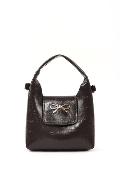 Crinkled Textured Brown Shk214 Single Compartment with Bow Detail, Snap Fasteners, Cross Straps for Hand, Arm and Shoulder