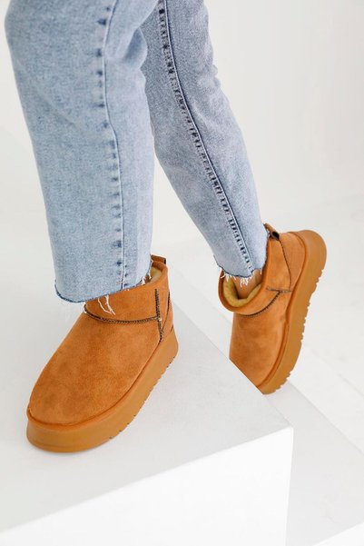 Women's Tan High Sole Ultra Mini Suede Boots with Fur Inside 4.5cm Byndum02