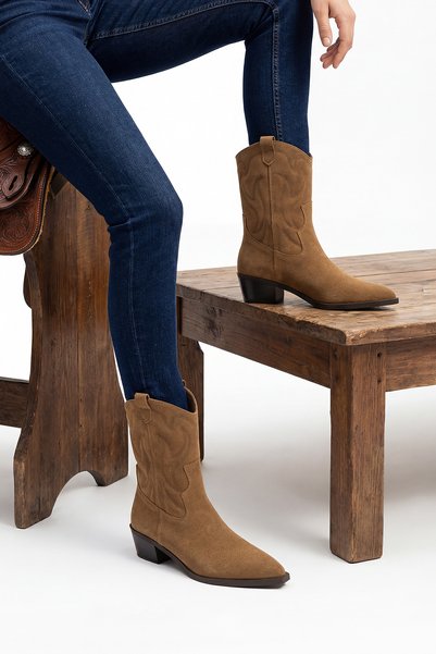 Women's Pointed Toe Cowboy Embroidered Western Boots Nilva Tan Suede