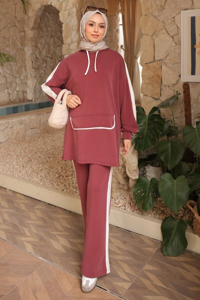 Burgundy Hooded Color Block Tunic Trouser Suit