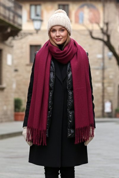 Püsküllü Buklet Atkı Şal 40X210 cm 1257 Bordo