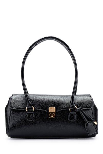 Baguette-Shaped Custom Lock Pendant Detail Hilly Women's Shoulder Bag Black
