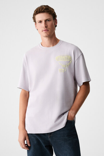 Lorenno Men's Chest Printed 100% Organic Cotton Crew Neck Lilac T-Shirt