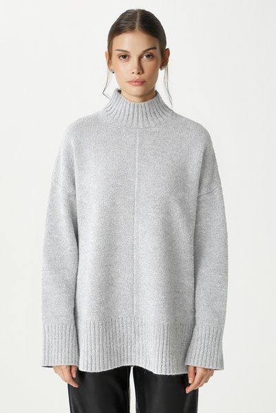 Wonder Mock Neck Gray Slit Oversized Knitwear Sweater