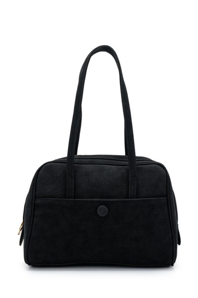 Suede Rocky Women's Shoulder Bag with Front Pocket Detail, Black