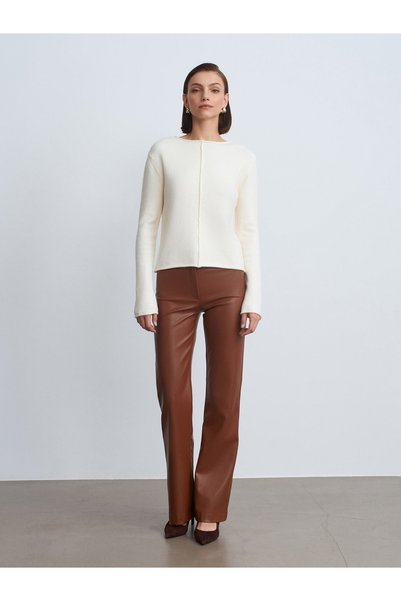 72237 Faux Leather Bell Bottom Trousers-Caramel