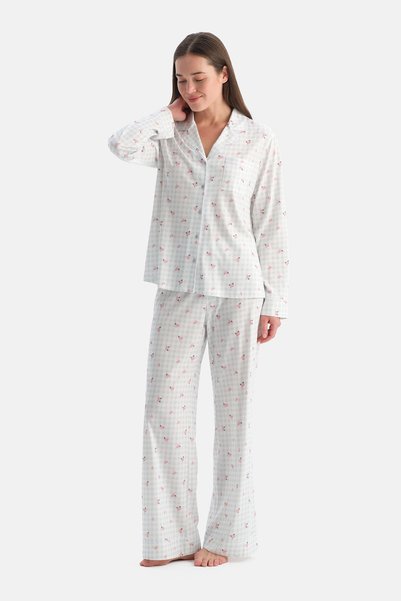 Light Blue Gingham Piece Cotton Modal Shirt Pajama Set