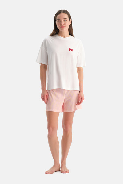 White Print Detailed T-Shirt Shorts Pajama Set