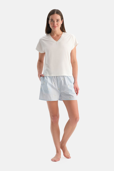 White V-Neck Short Sleeve T-Shirt Lemon Embroidered Shorts Set